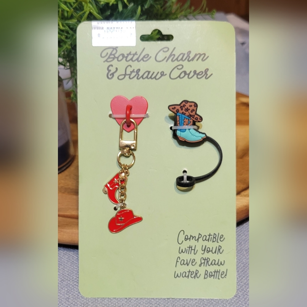 Tilly's Red and Turquoise Cowboy Hat Bottle Charm & Straw Cover Set
